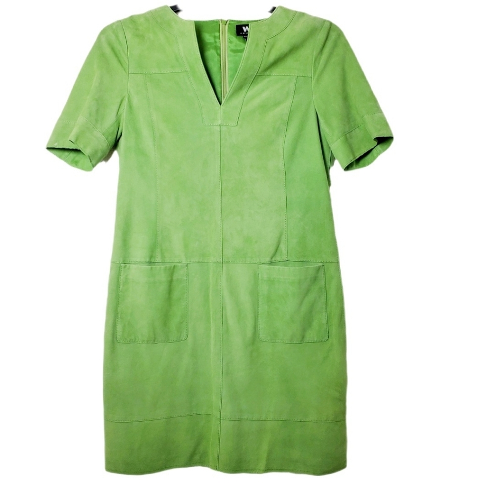 W By Worth Green Suede Leather Short Sleeve Dress With Pockets Size 6‎